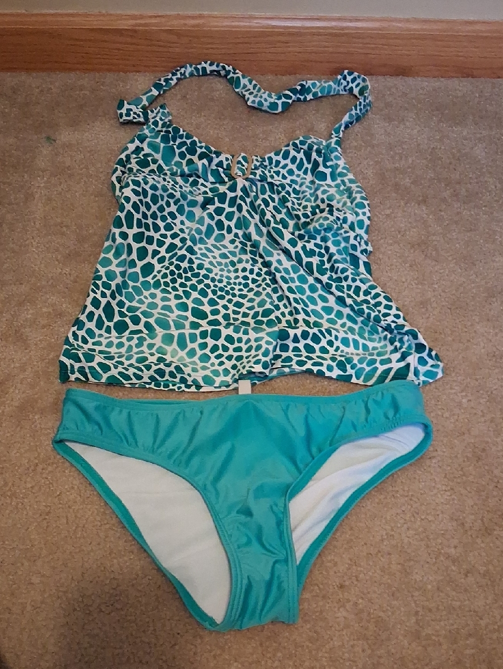 Perry Ellis Teal Printed Tankini Top with Solid Teal Bikini Bottoms